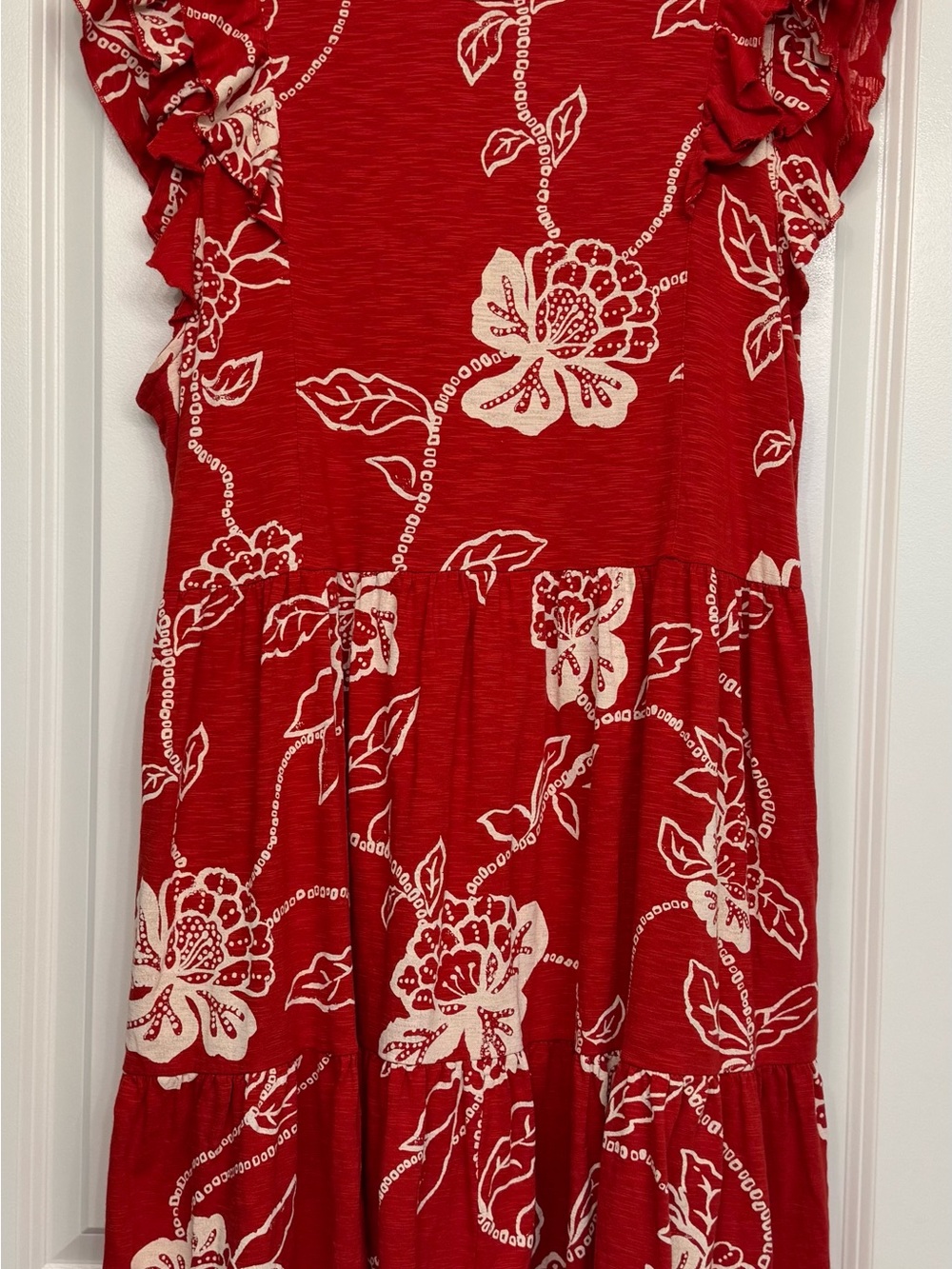 Fat Face Red Floral Tiered Dress with Cream Print